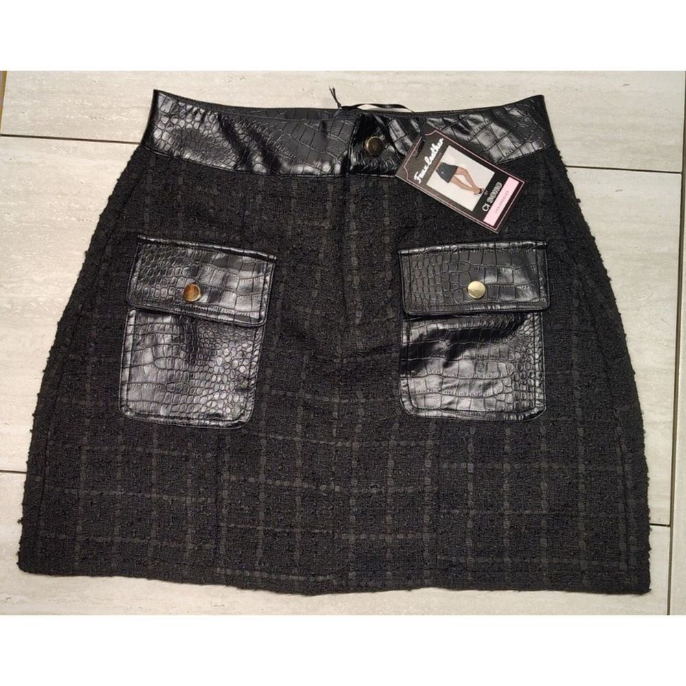 Faux Leather Ci Sono Mini Skirt Small Tweed Black PUSK117
